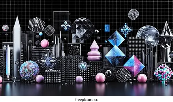 Black and white geometric shapes with colorful spheres