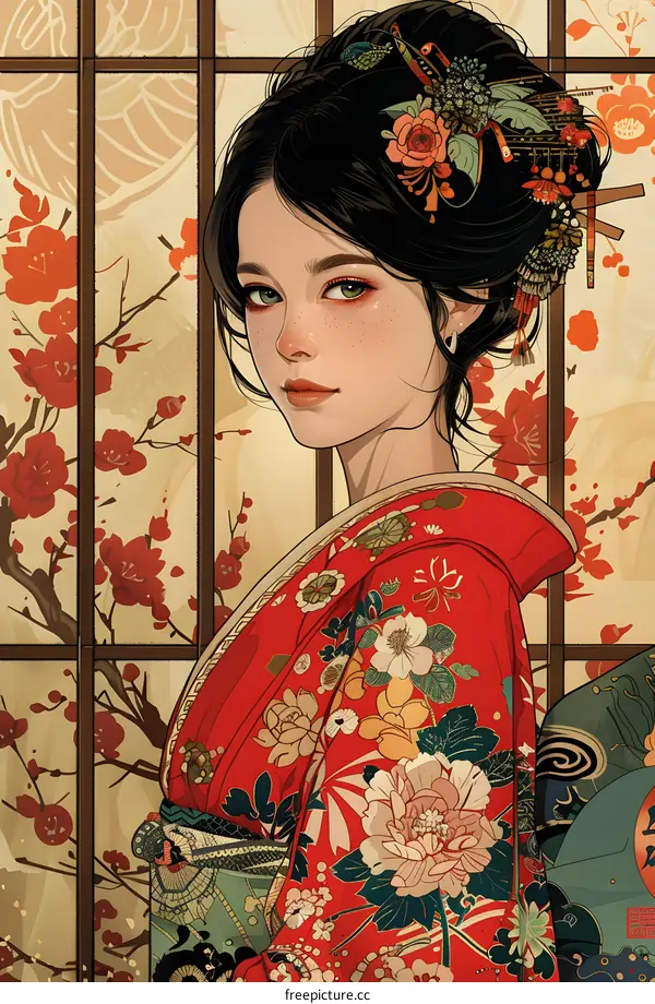 portrait of a beautiful asian woman in traditional japanese kimono with red and white plum blossom flowers in the background