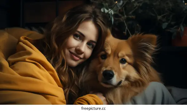 A young woman is sitting on a couch with her dog.