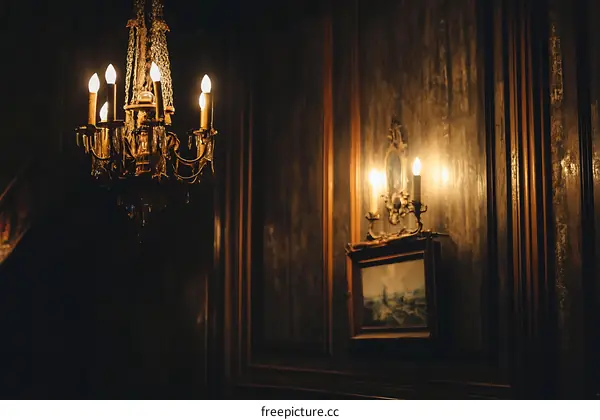 Antique Chandelier and Wall Sconces in a Dark Room