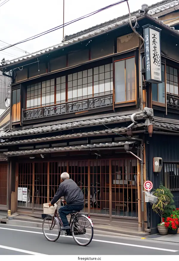 Man Riding a Bike in Front of a Traditional Japanese House