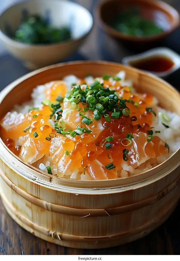 Salmon roe and salmon sashimi over rice in a bamboo container