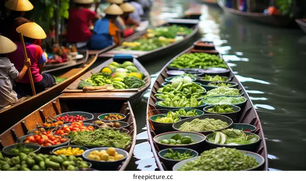 Floating market in Thailand with boats full of fresh fruits and vegetables