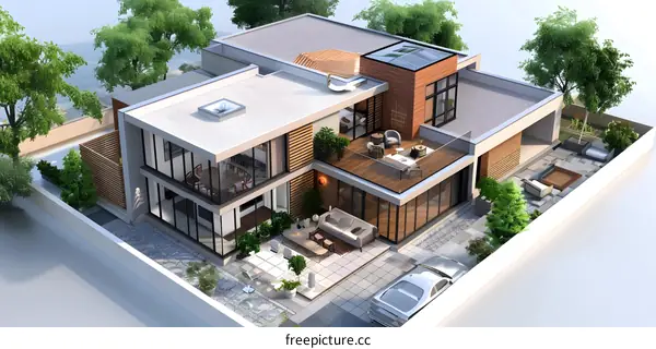 3D rendering of a modern house with a pool and a garden