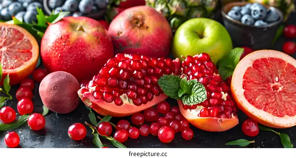 Fresh Red Fruits and Berries on a Black Background