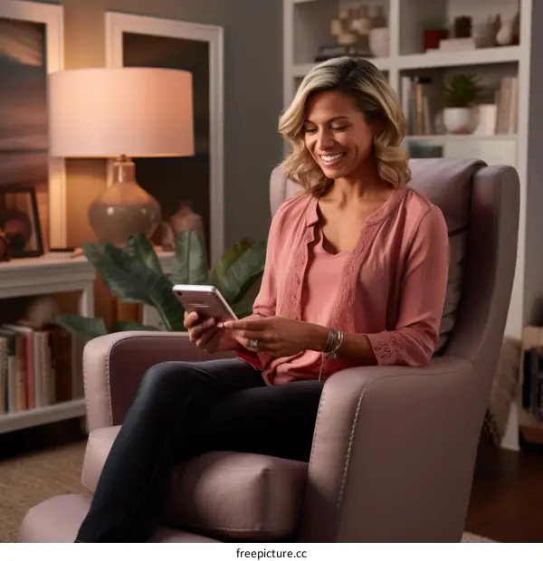 Woman relaxing in a comfortable chair and using a tablet