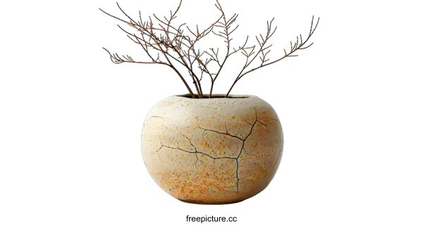 [Transparent Background PNG]Rustic ceramic vase with dry branches on white background