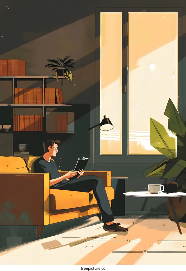 Man Sitting on a Couch Reading a Book in a Sunny Living Room