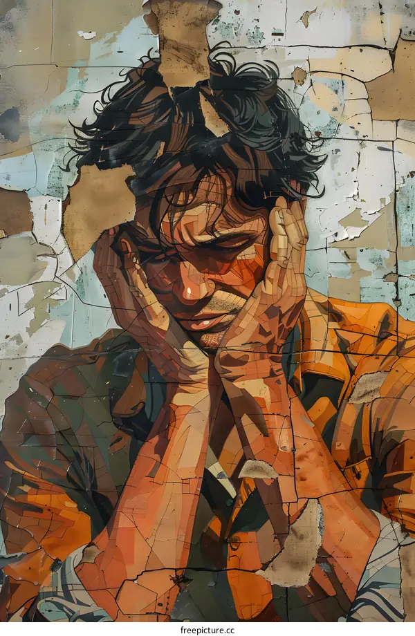 A man with his hands on his head looking distressed with a peeling wall in the background