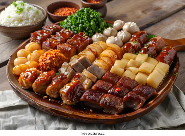 Assorted Chinese Dishes with Steamed Rice on Wooden Table