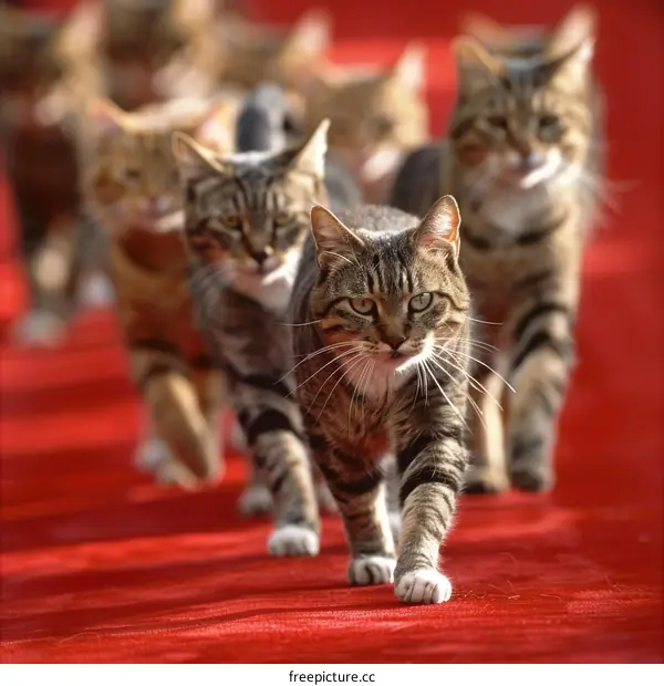 A group of cats walking down a red carpet