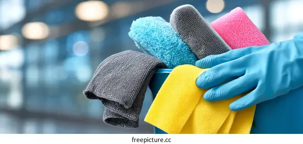 Cleaning Supplies in a Bucket with Gloves
