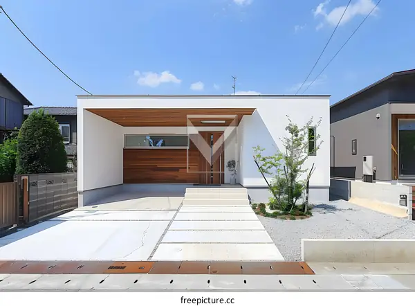 Modern Japanese Home Exterior With Wooden Accent Wall