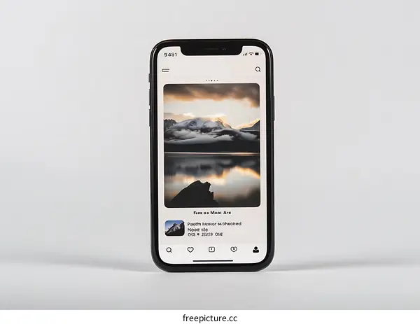 Smartphone Display Showing Mountain Landscape Photo On Social Media App
