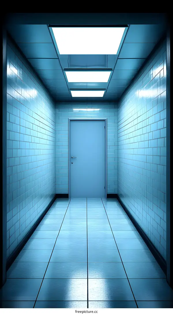 Blue Tile Hallway with Door at the End