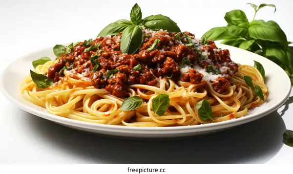 A plate of pasta with tomato sauce and basil