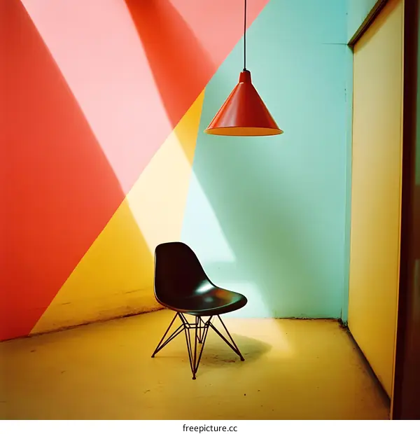 Minimalist Interior Design With Black Chair, Red Pendant Light and Geometric Walls