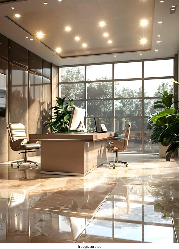 Modern office interior with large windows and plants