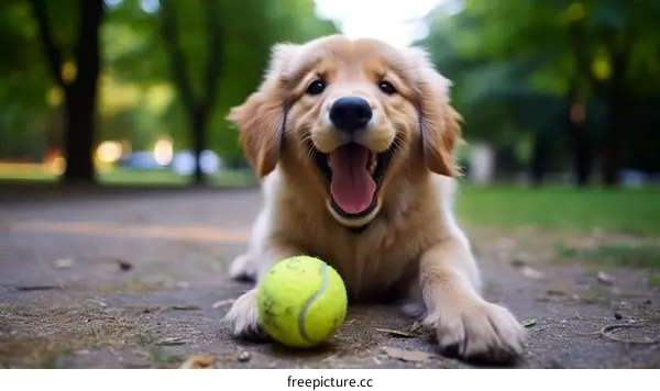 Golden Retriever Puppy Playing with Tennis Ball in the Summer