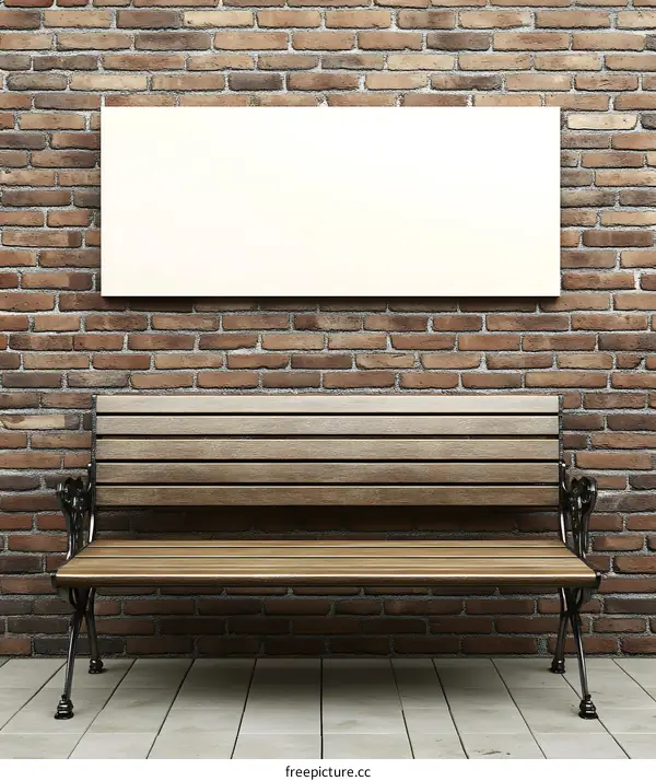 Blank Sign Board On Brick Wall With Bench