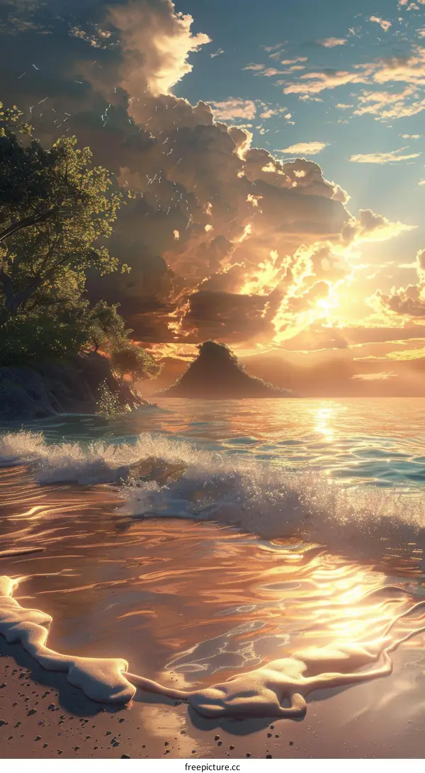 Beach sunset with rock