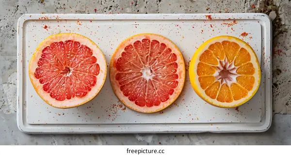 Freshly Cut Citrus Fruit Halves on White Wooden Tray