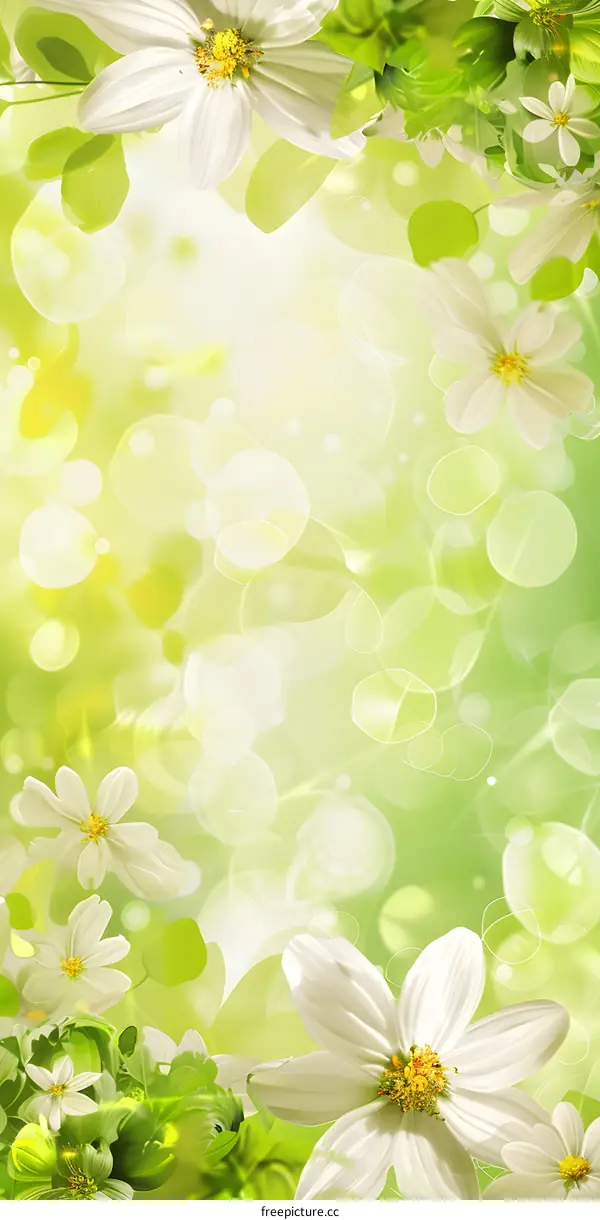 White Flowers Green Leaves Blurred Background