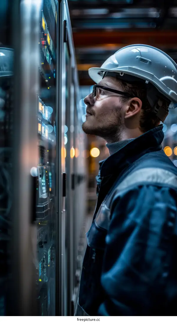 technician in hard hat looking at control panel
