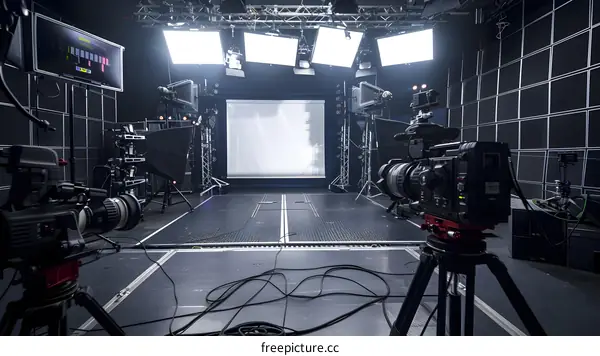 Professional Video Studio Setup With Cameras, Lights, and Screen