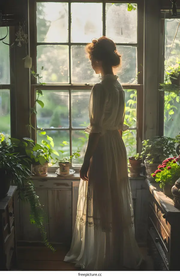 Lady in a vintage dress standing in a sunlit room