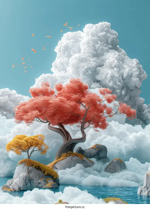 Fantasy landscape with floating islands and a surreal sky