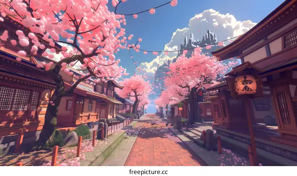 Japanese Style Street With Cherry Blossom Trees