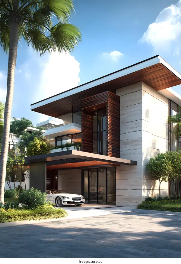 Modern Luxury Home with Palm Trees and Car