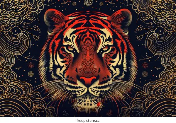red tiger face with golden background