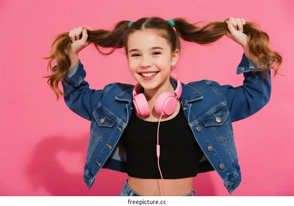 Happy young girl with pigtails and pink headphones on pink background