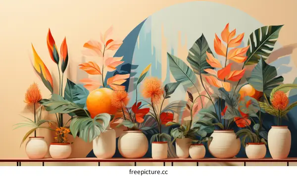 A variety of potted plants with orange details