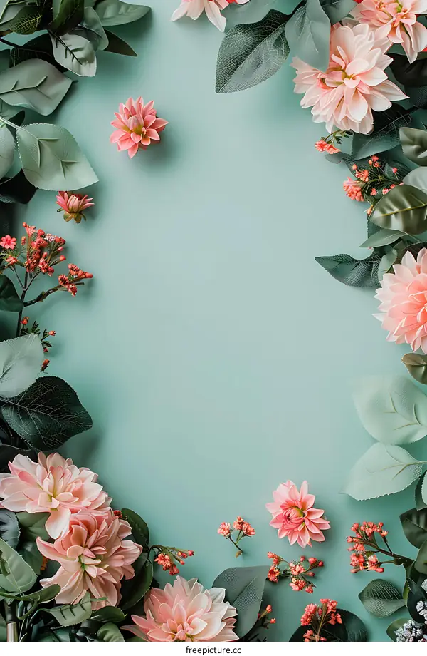 Pink Flowers and Green Leaves on a Blue Background