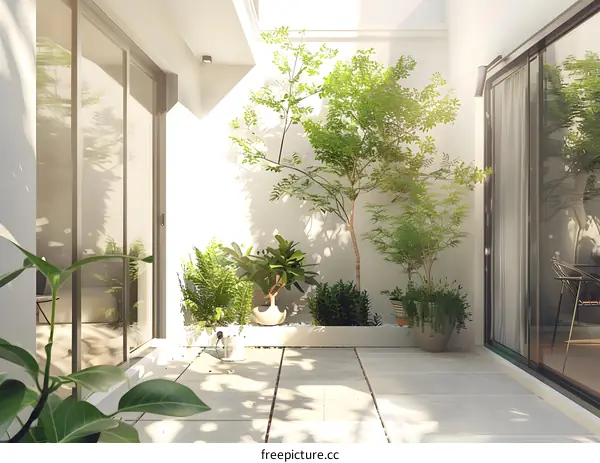 Minimalist Patio Design with Green Plants and Natural Light