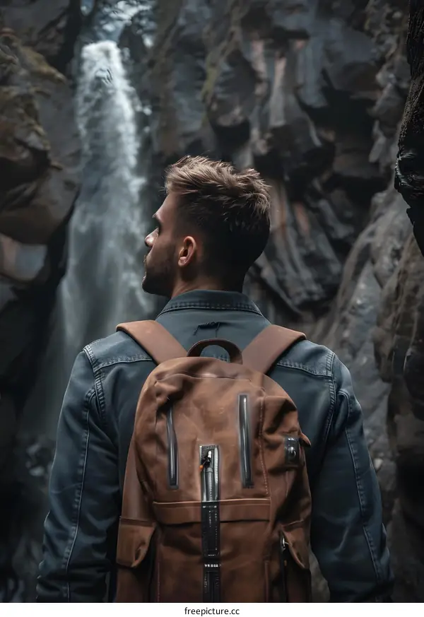 Man with Backpack Looking at Waterfall in Canyon