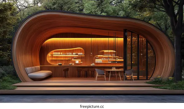 Modern Wooden Curvilinear Cafe in Nature