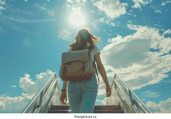 girl with a backpack goes up the stairs to the plane