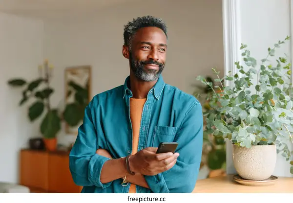 African American Man Using Smartphone in Home