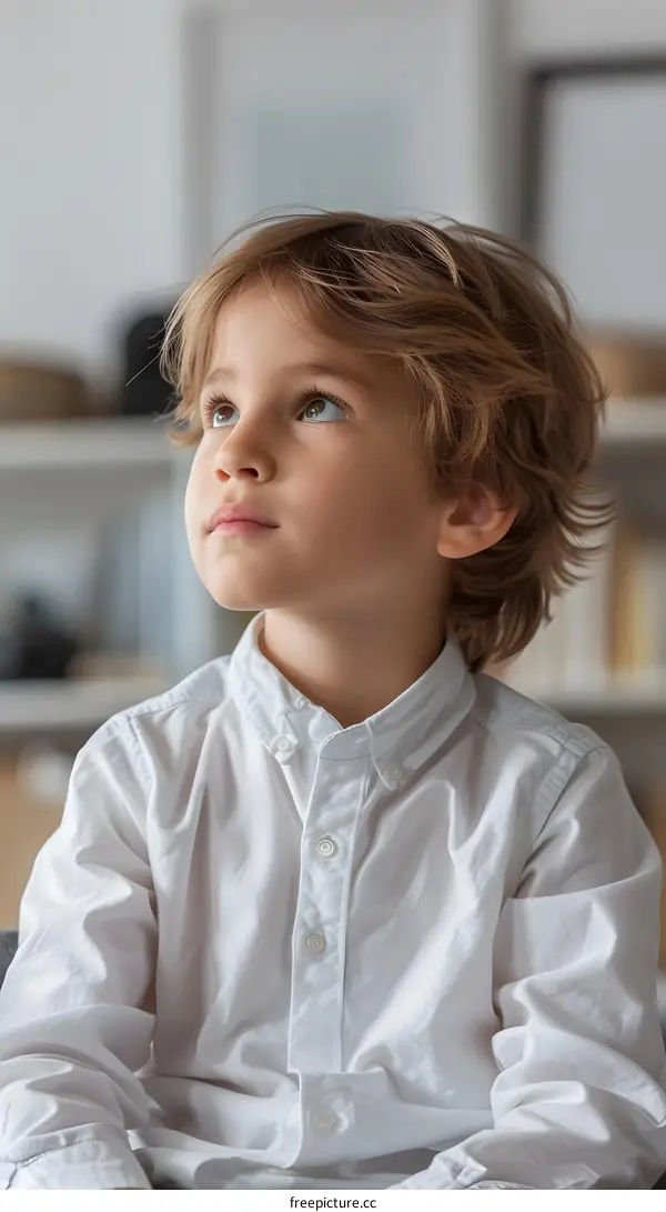 Portrait of a boy in a white shirt looking away