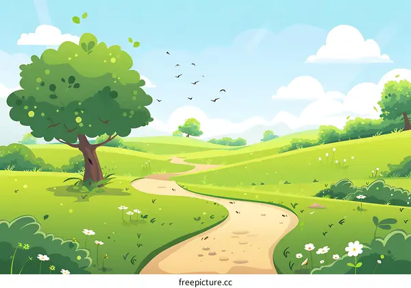 Cartoon Green Meadow Path Landscape Illustration