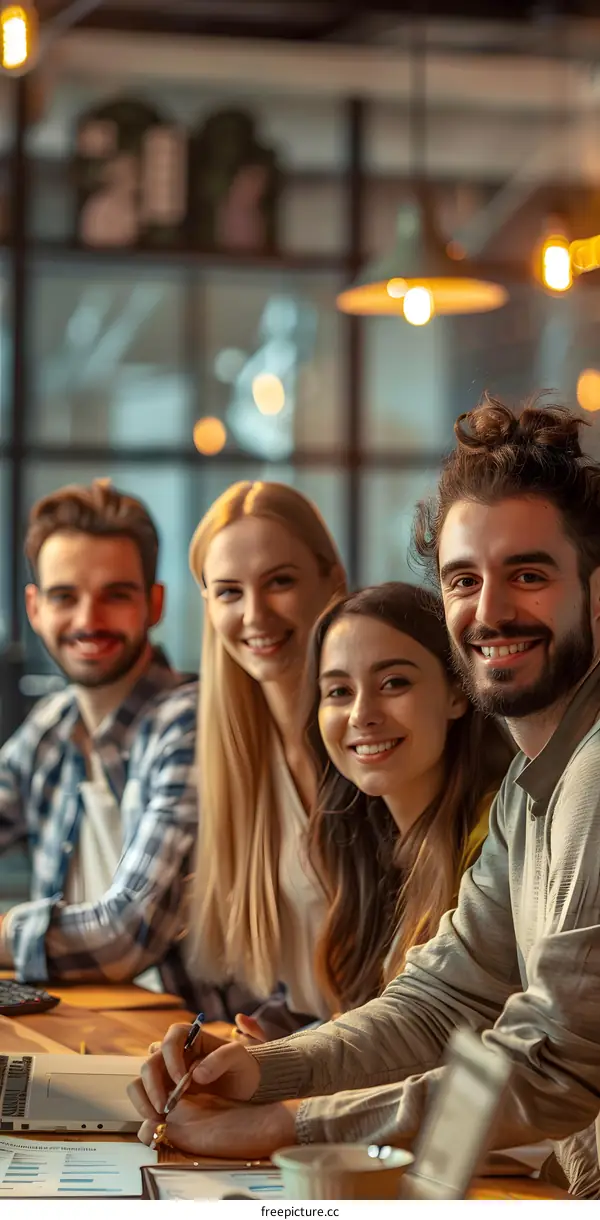 Four smiling business people sitting at a table