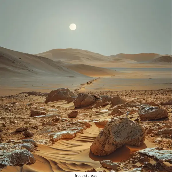 A large rock field with a moon in the sky