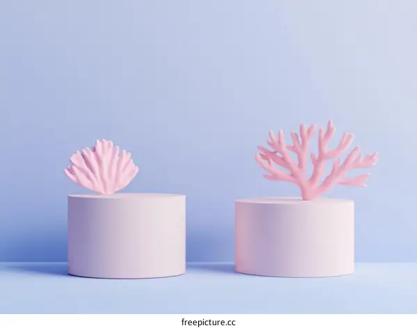 Pink Coral Decor on Pastel Cylindrical Pedestals