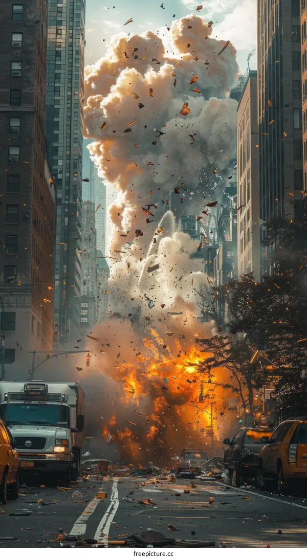 A large explosion destroys a city street
