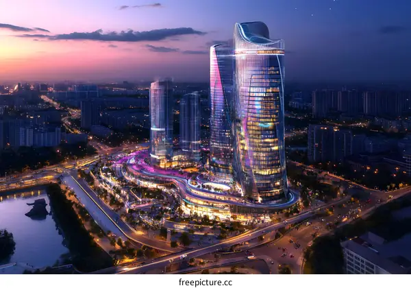 Modern Skyscrapers at Night in a City with Purple Sky