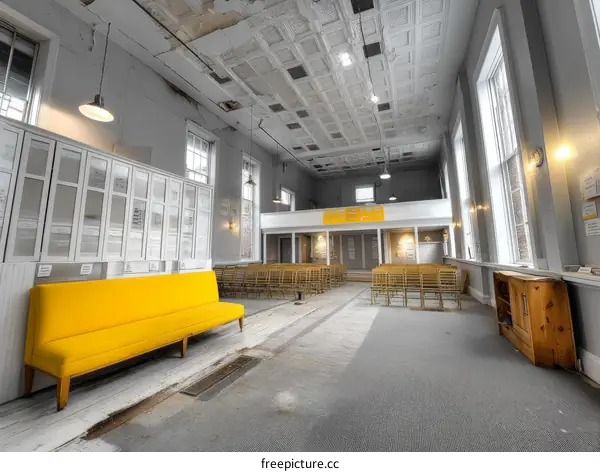 Empty Church Interior with Yellow Bench